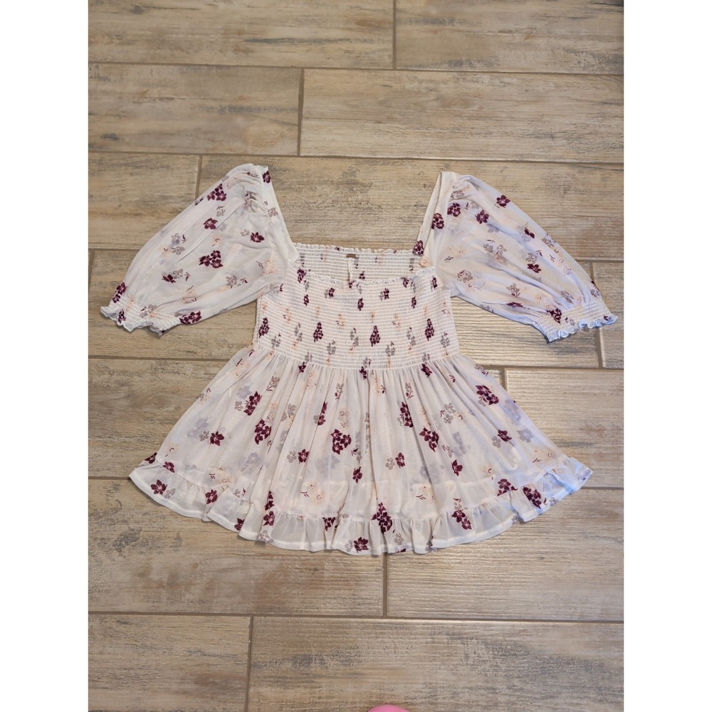 Free People XL Mesh Smocked Peplum Top Floral Sheer Puff Sleeve Boho Blouse